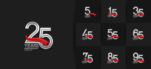 Anniversary set logotype style with silver color multiple line number. vector design for template element, invitation, greeting card and celebration purpose