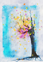 Watercolor painting of trees with colorful leaves, image for postcard or wall art