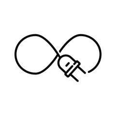 Concepto energía eléctrica. Logotipo lineal enchufe eléctrico con cable como nudo infinito en color negro