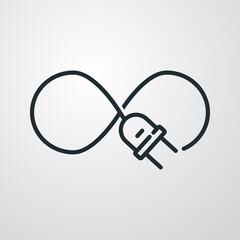 Concepto energía eléctrica. Logotipo lineal enchufe eléctrico con cable como nudo infinito en fondo gris