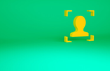 Orange Face recognition icon isolated on green background. Face identification scanner icon. Facial id. Cyber security concept. Minimalism concept. 3d illustration 3D render.