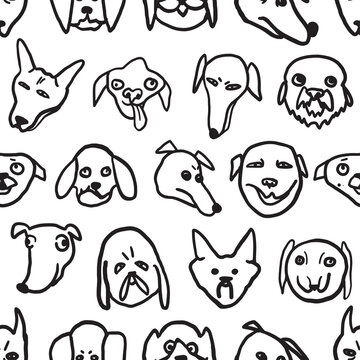 Vector graphics. Minimalistic illustration. Seamless pattern on a white background. Funny stupid dogs. Cartoon style freehand drawing. 