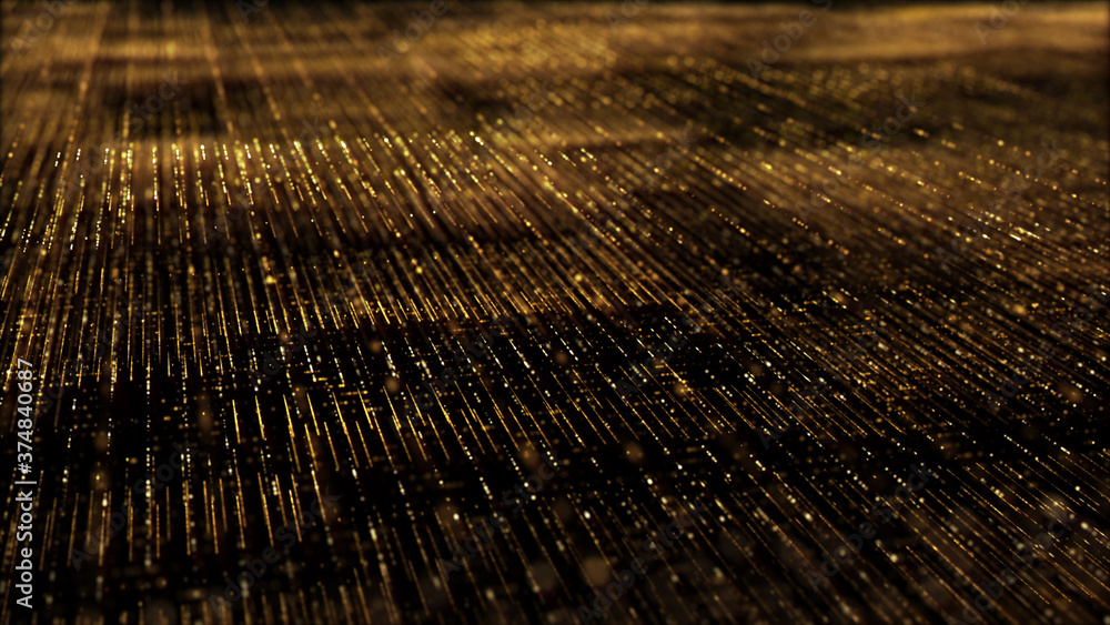 Poster Futuristic digitally generated golden abstract de-focus particles grid motion in cyber space environment background