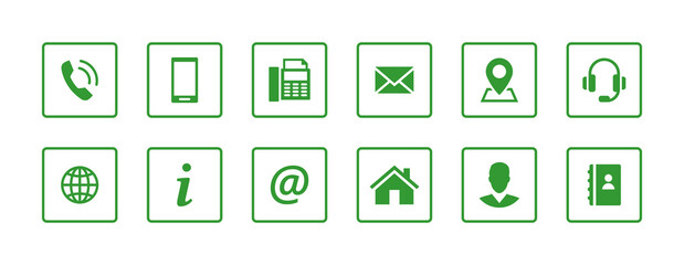 Set contact icons in a square. Green vector symbol elements.