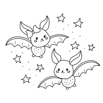 Vector kawaii cartoon bats. Halloween coloring page for children. Night sky with stars.