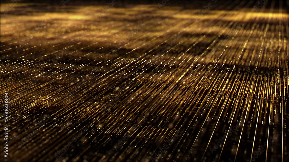 Poster Futuristic digitally generated golden abstract de-focus particles grid motion in cyber space environment background