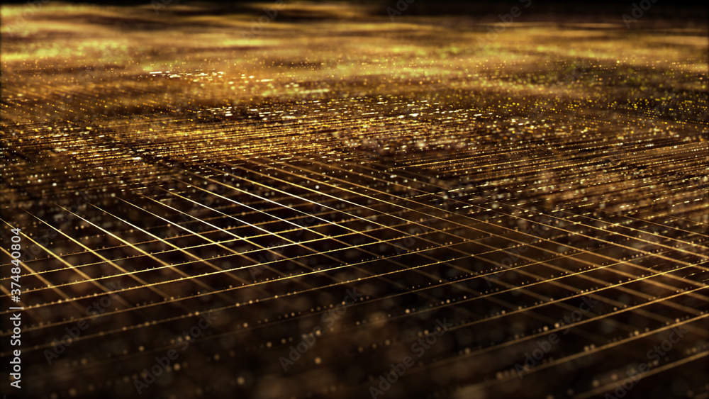 Poster Futuristic digitally generated golden abstract de-focus particles grid motion in cyber space environment background