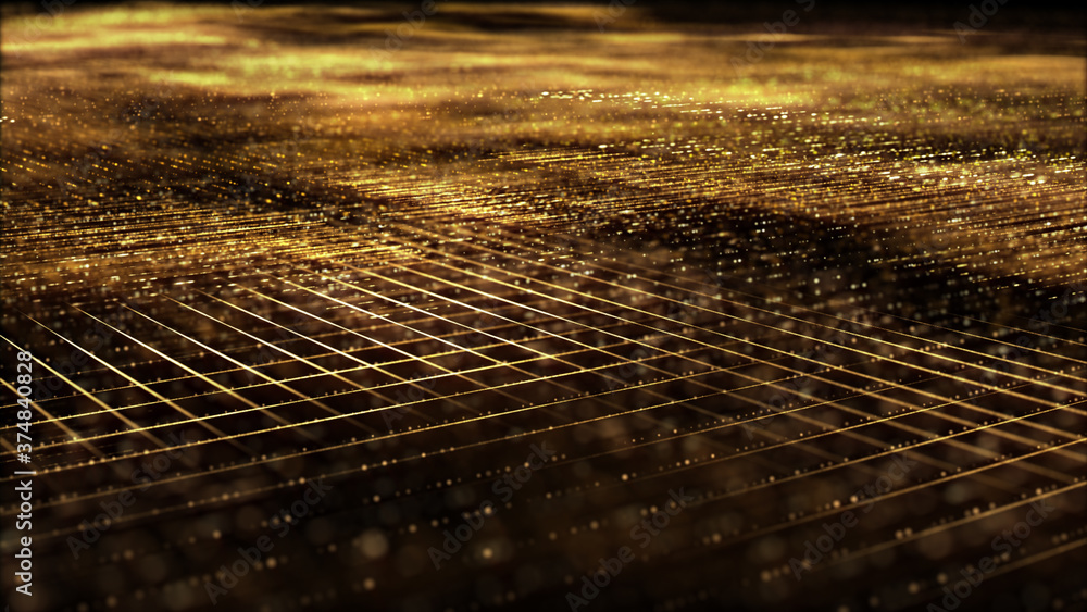 Poster Futuristic digitally generated golden abstract de-focus particles grid motion in cyber space environment background