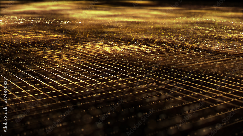 Poster Futuristic digitally generated golden abstract de-focus particles grid motion in cyber space environment background