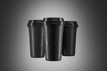 Disposable three black paper cup of coffee.