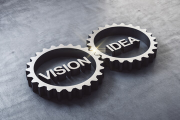 Two gears meshing together with text vision and idea