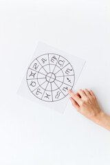 Zodiac signs in horoscopic wheel. Female hand choosing horoscope symbols