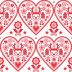Obraz na płótnie Canvas Christmas Scandinavian vector heart seamless pattern - folk art style textile design with reindeer, snowflakes Xmas trees and flowers 
