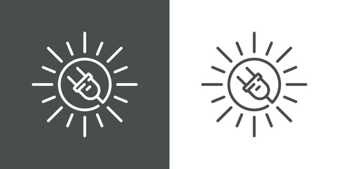 Concepto energía eléctrica solar. Logotipo lineal enchufe eléctrico con cable circular como sol en fondo gris y fondo blanco
