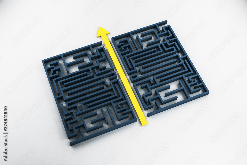 Poster abstract maze with yellow arrow.