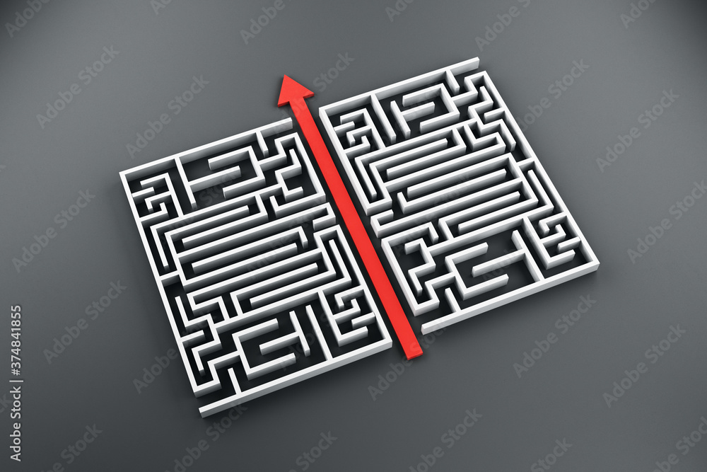 Poster creative labyrinth background with red arrow.