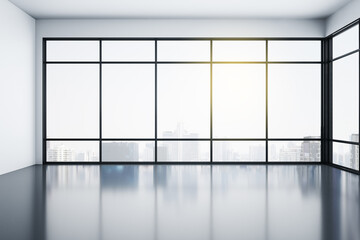 Modern office interior with reflection floor and city view.