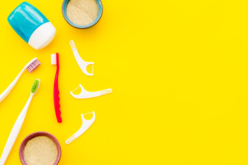 Set of different tools for dental care and hygiene. Top view, flat lay
