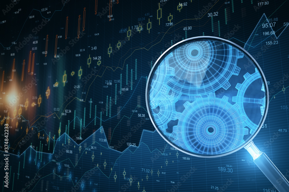 Poster stock charts with digital interface and magnifying glass