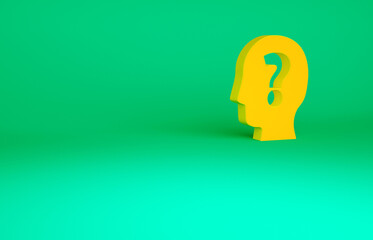 Orange Human head with question mark icon isolated on green background. Minimalism concept. 3d illustration 3D render.