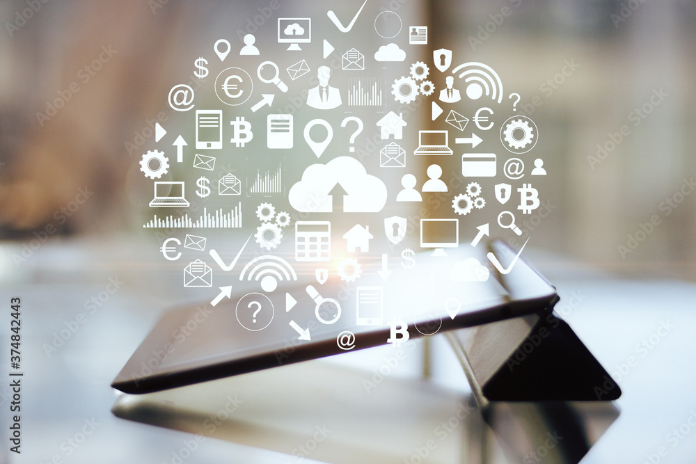 Poster Workplace with tablet on table and cloud computing diagram.