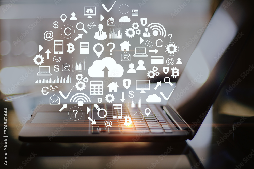 Poster workplace with laptop on table and cloud computing diagram.