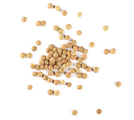 Green lentils pile isolated on white background, top view