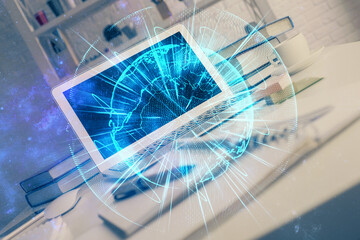 Multi exposure of business theme icons and table with computer background. Concept of success.