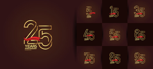 Anniversary set logotype style with golden color and red ribbon. vector design for template element, invitation, greeting card and celebration purpose
