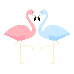 Pink and blue flamingos love concept. Couple of two cute flamingo with hearts vector illustration isolated on white