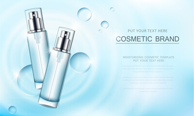 cosmetic product poster, bottle package design with moisturizer cream or liquid, sparkling background with glitter polka.