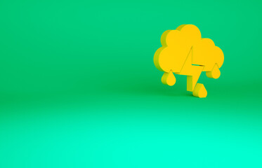 Orange Cloud with rain and lightning icon isolated on green background. Rain cloud precipitation with rain drops.Weather icon of storm. Minimalism concept. 3d illustration 3D render.