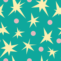 Simple and cute vector seamless pattern with yellow stars and pink dots on turquoise background. Summer celebration, birthday party