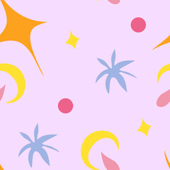 Fototapeta na wymiar Summer confetti simple and cute vector seamless pattern with colorful stars, moons, drops and dots on pastel lavender background. Summer celebration, birthday party