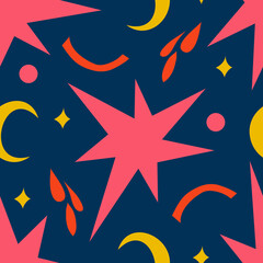 Fototapeta na wymiar Vibrant autumnal vector seamless pattern with pink stars, yellow moons and abstract shapes on dark blue background. Party mood, auatumnal celebration
