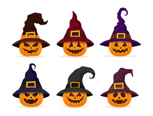Halloween pumpkin set. Collection of Jack O Lantern pumpkin with witch hat. Vector illustration isolated on white background.