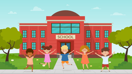 Obraz na płótnie Canvas Happy children pupils having fun In front of school building. Multiracial boys and girls are playing together in outside. Vector illustration.