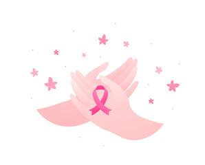Breast cancer prevention concept. Vector flat illustration. Healthcare banner template. Pink ribbon sign on human hand. Insirational solidarity symbol. October cancer awareness month. Design element