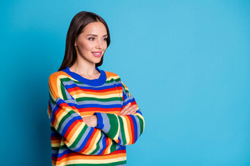 Turned photo of pretty charming dreamy girl worker cross hands enjoy working wear pullover isolated over blue color background