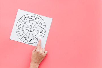 Zodiac signs in horoscopic wheel. Female hand choosing horoscope symbols