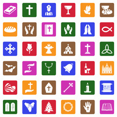 Christianity Icons. White Flat Design In Square. Vector Illustration.