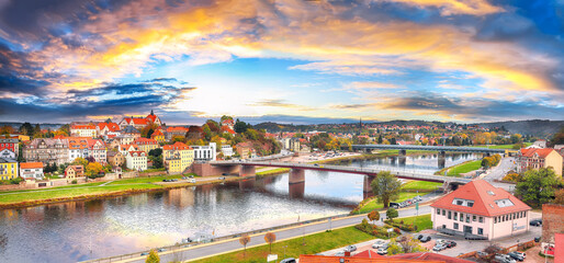 Fototapeta na wymiar Fantastic sunset view on cityscape of Meissen town on the River Elbe.