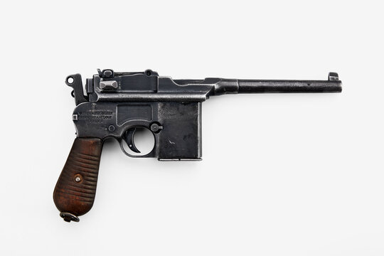 German pistol model 1896/1912 (Mauser C96) isolated on white background. 09.08.2020, Rostov region, Russia.