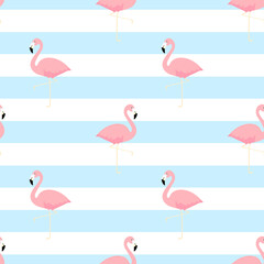 Flamingo seamless pattern vector illustration white background. Pink tropical birds with blue lines. Exotic art design for fabric and wallpaper.