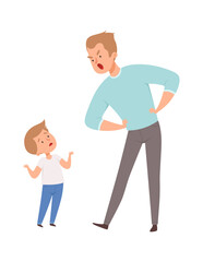 Father and son argue. Isolated angry man and cute boy. Family quarrel, dad punish son vector illustration. Father and son angry, conflict stress family