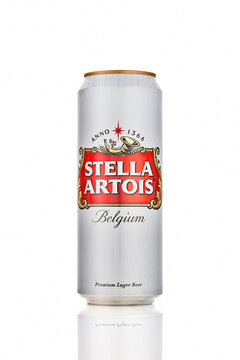 White can of great Belgium beer - Stella Artois - on white background. Alluminium can of Stella Artois beer on white background. 21.06.2019 Rostov-on-Don, Russia