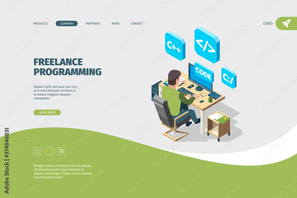Poster Programmer working landing. Designer or artist sitting at computer freelancer programmability vector isometric concept. Developer programming, development designer illustration