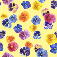 Seamless pattern with the garden tricolor pansy flower (Viola tricolor, viola arvensis, heartsease, violet, kiss-me-quick). Watercolor hand drawn painting illustration isolated on yellow background.