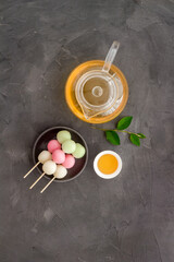 Japanese dessert - Dango dumpling - with tea, top view