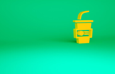 Orange Paper glass with drinking straw and water icon isolated on green background. Soda drink glass. Fresh cold beverage symbol. Minimalism concept. 3d illustration 3D render.